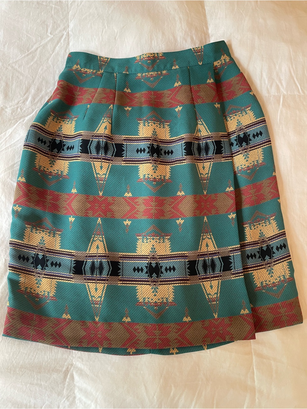 Sharon Young Teal Pencil Skirt with Red and Gold Geometric Motifs